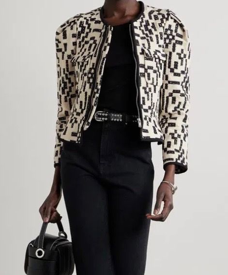 Marant Etoile Black and Ivory Collarless Zip Jacket