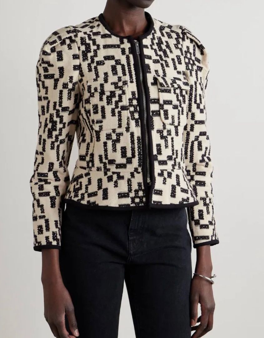 Marant Etoile Black and Ivory Collarless Zip Jacket