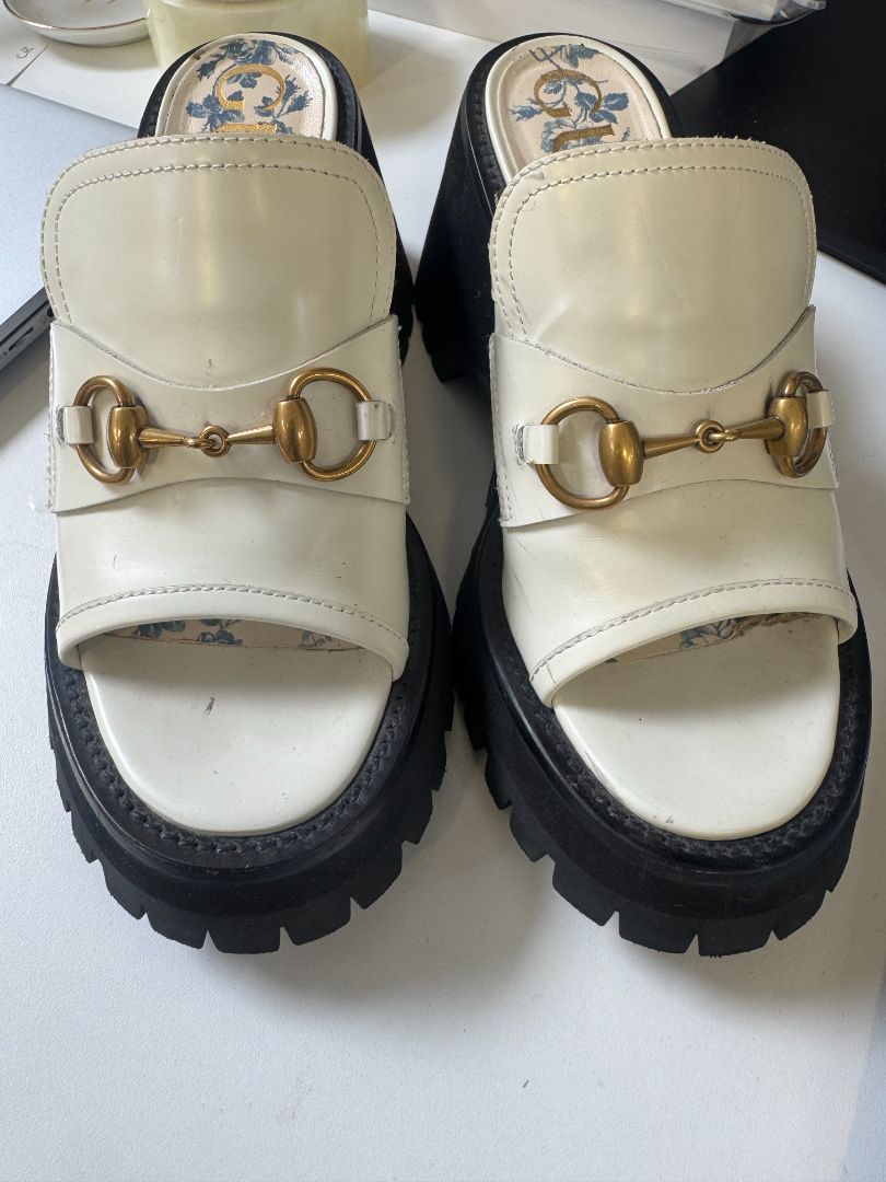 Gucci Cream Horsebit Open Toe Platform Mules