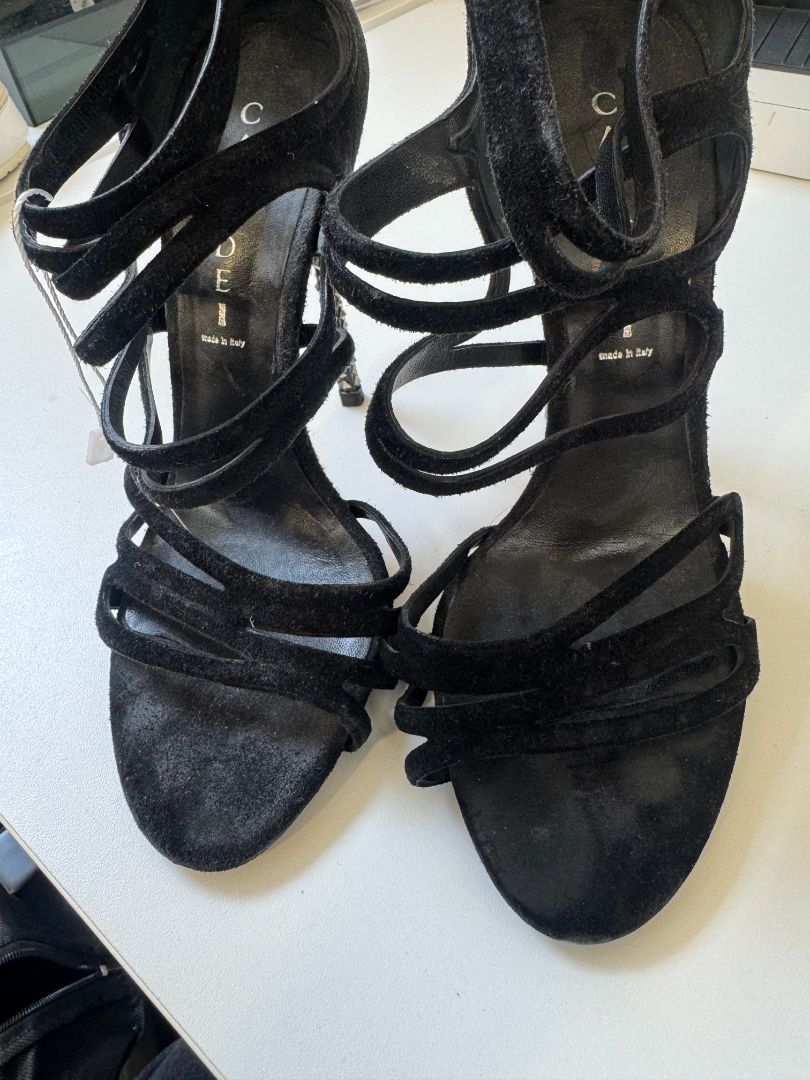CASADEI black suede strappy heels with black/silver stud jewelled heel