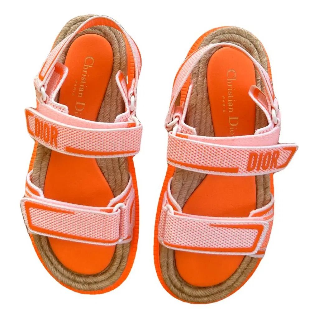 CHRISTIAN DIOR neon orange and raffia velcro dad sandals, very worn