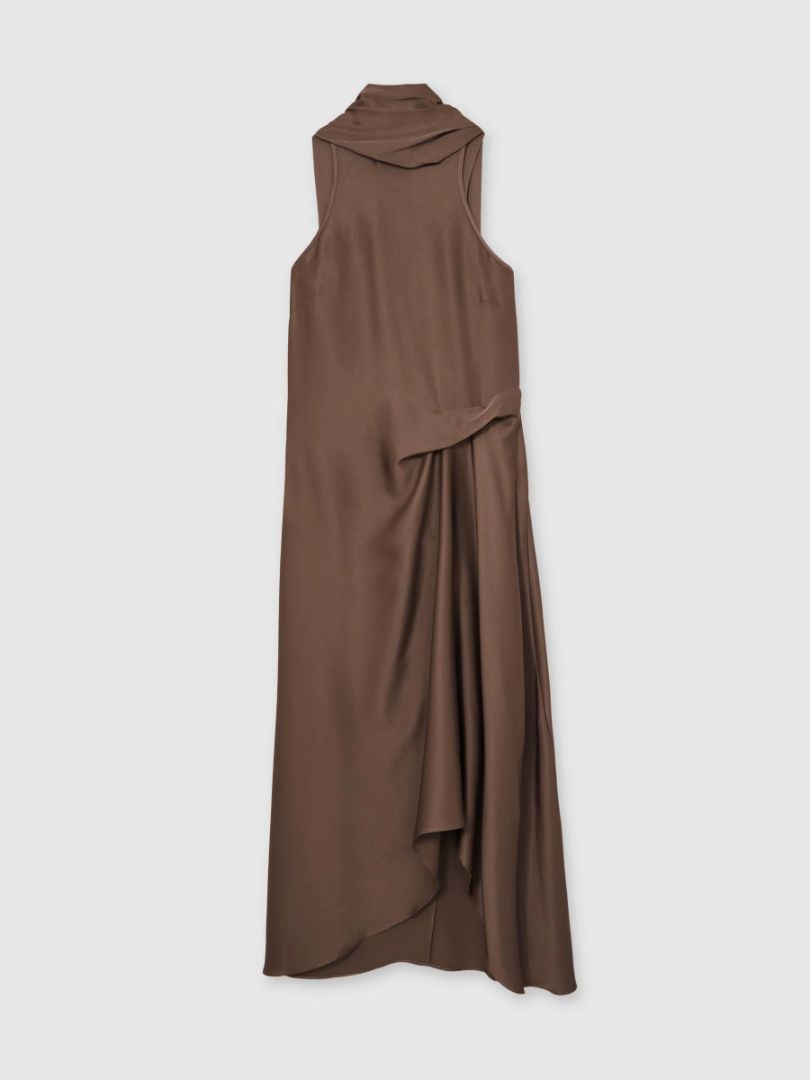 Reiss Brown Satin Tie neck Maxi Dress NWT