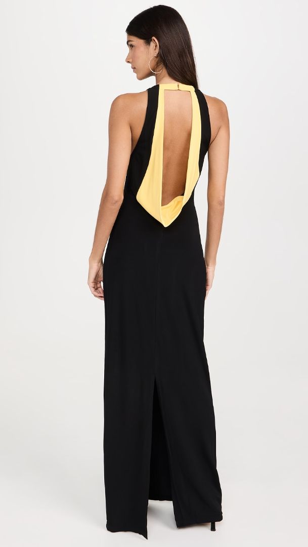 Solid and Striped Black Sleeveless Maxi Slip Dress Low Back with Yellow Accent Collar