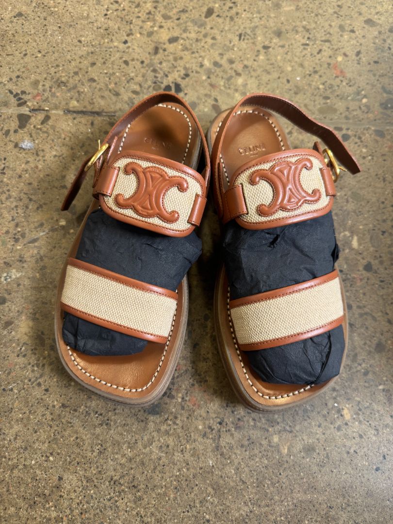 CELINE leather slingback leather/canvas sandals