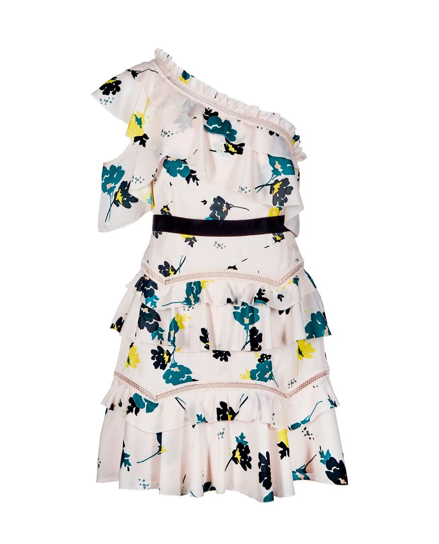 SELF PORTRAIT one shoulder mini dress, light peach colour with teal/navy/yellow flowers, black attached belt