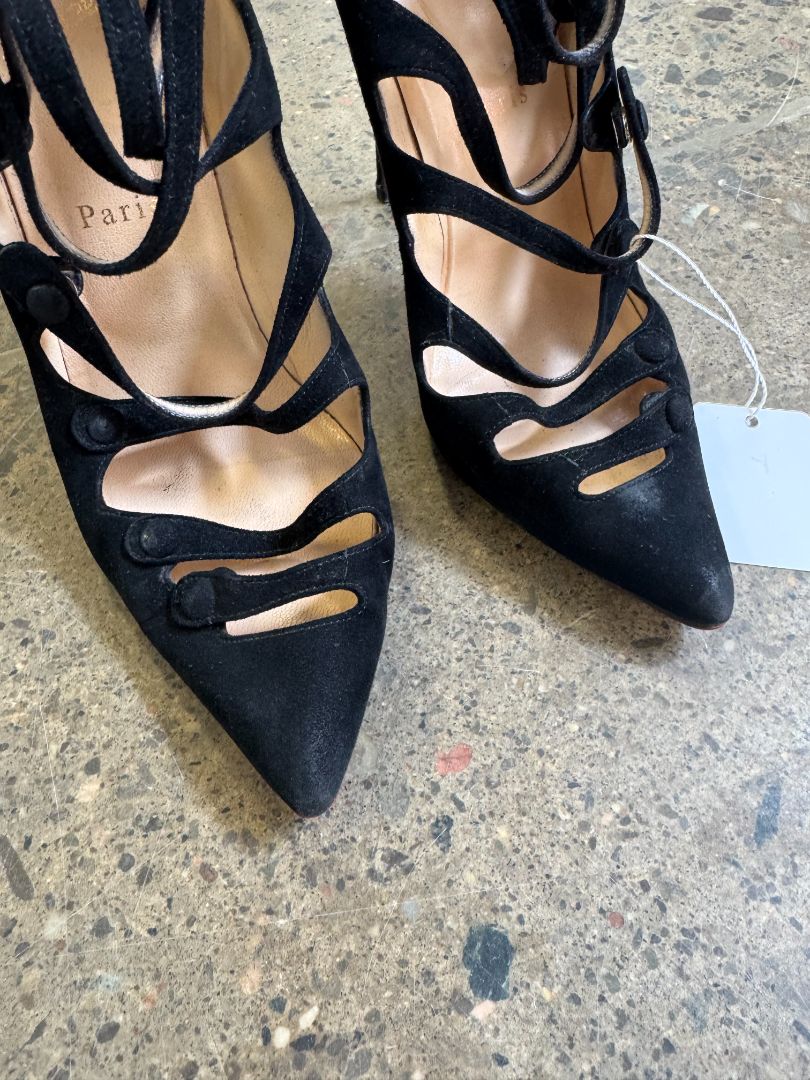 CHRISTIAN LOUBOUTIN black suede Viennana heels (strappy w buttons