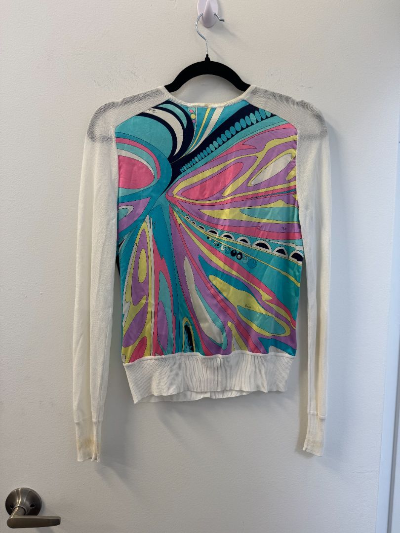 PUCCI cardigan, white knit sleeves and blue pink yellow silk blend center