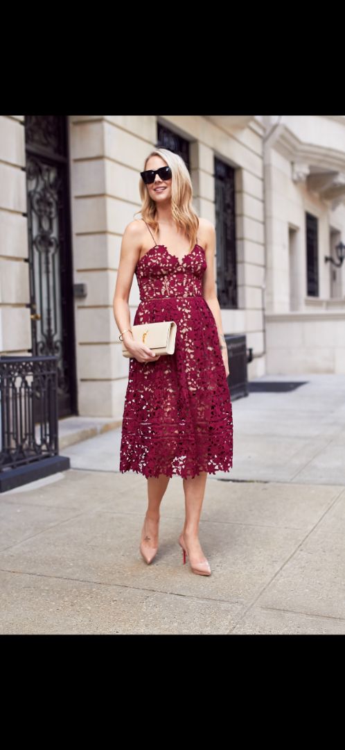SELF PORTRAIT burgundy floral lace spaghetti strap midi dress