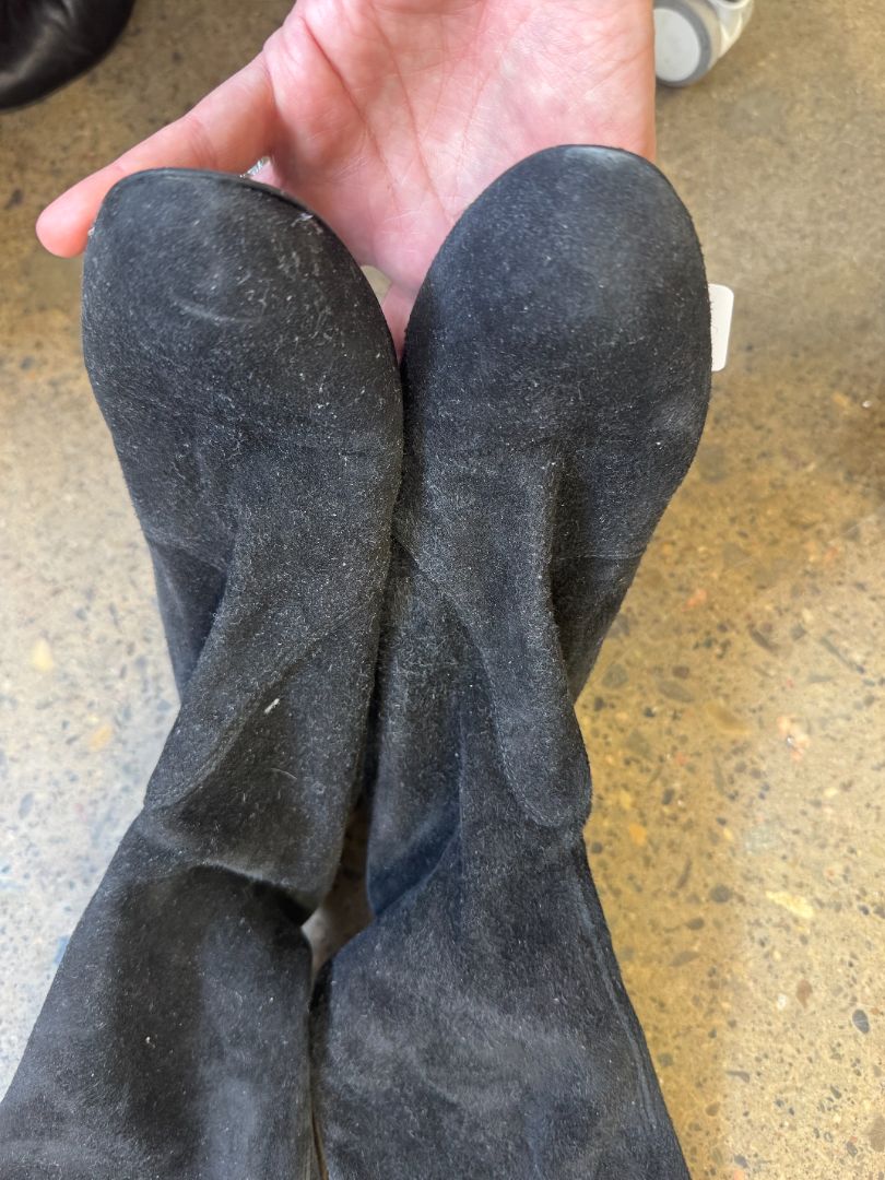 STUART WEITZMAN black over the knee suede heel boots, ties at top