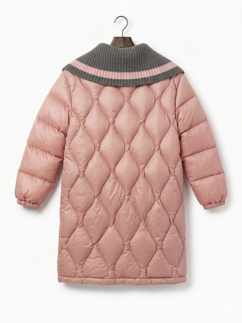 MONCLER pink puffer midi length coat with detachable grey knit collar
