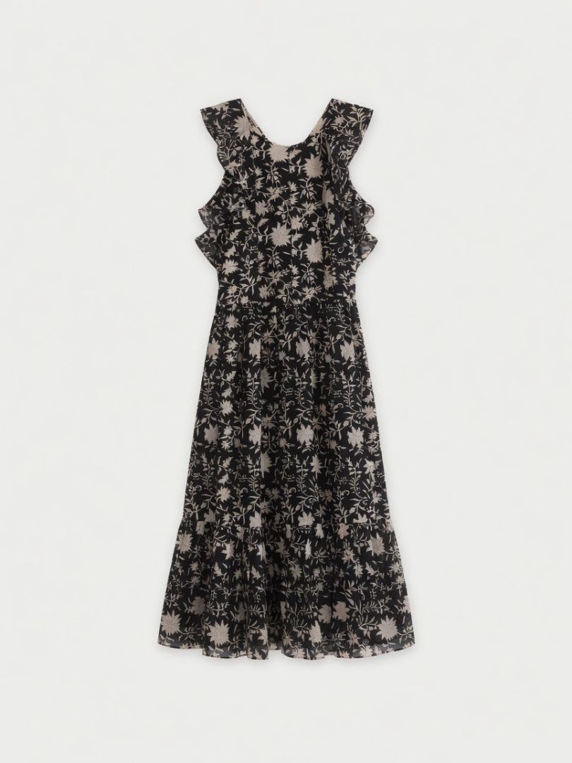 ULLA JOHNSON PINK/BLACK FLORAL APRON MIDI DRESS