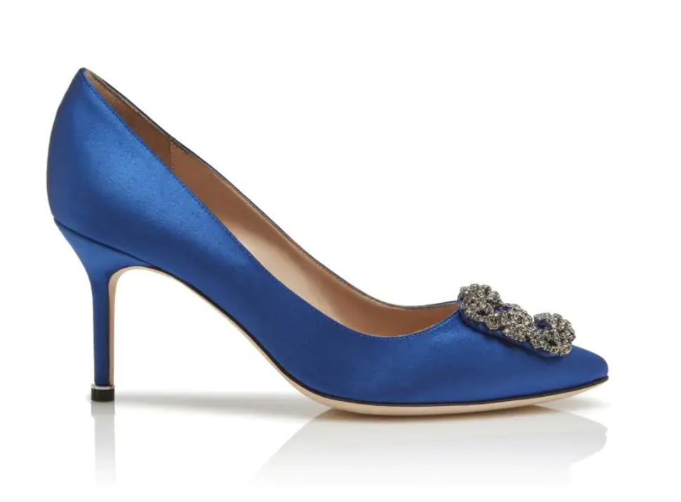 MANOLO BLAHNIK Hangisi Blue Satin Jewel Buckle Pumps Blue Satin Jewel Buckle Pumps