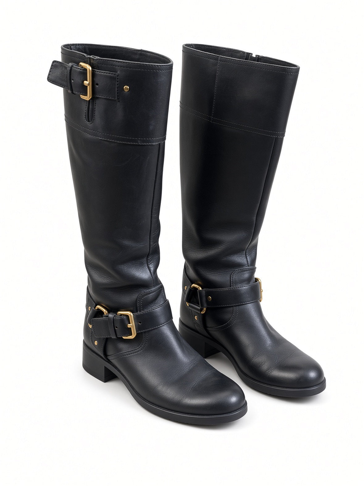 Prada Leather Knee High Riding Boots with Gold Buckles