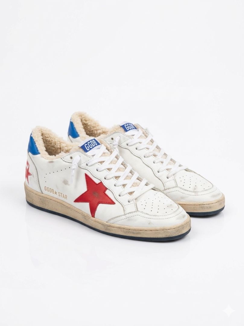 Golden Goose White, Red, Blue Shearling- Lined Sneakers (men's)