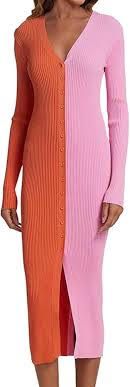 STAUD orange and pink split long sleeve maxi dress