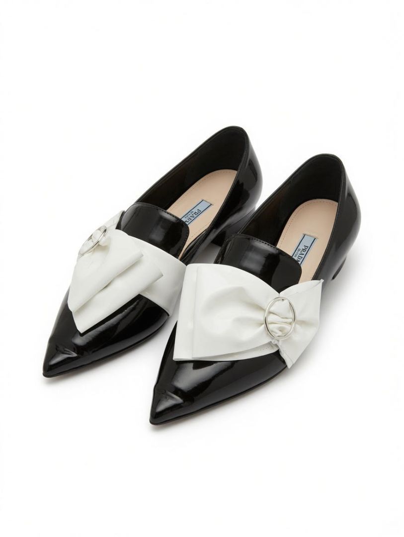 Prada Black Pointed Toe Patent Leather White Bow Flat Shoes