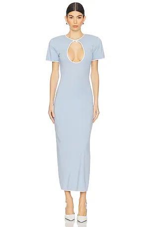 Rowen Rose Pale Blue keyhole Neckline Midi Dress with White Trim