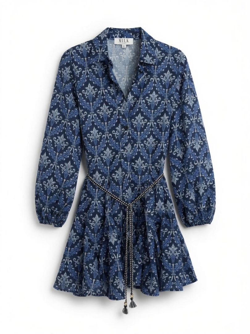 MILK LOS ANGELES blue pattern button up mini dress long sleeve, w belt