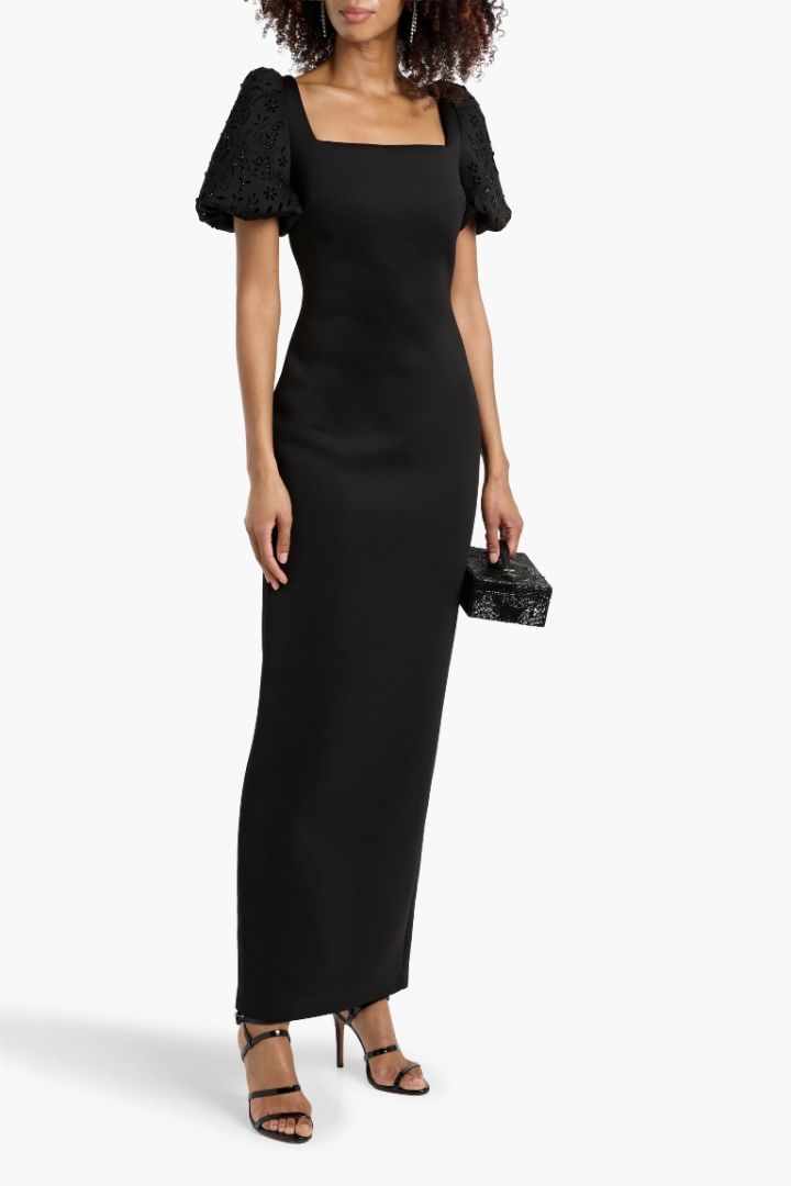 Badgley Mischka Laser Cut embellished scuba gown