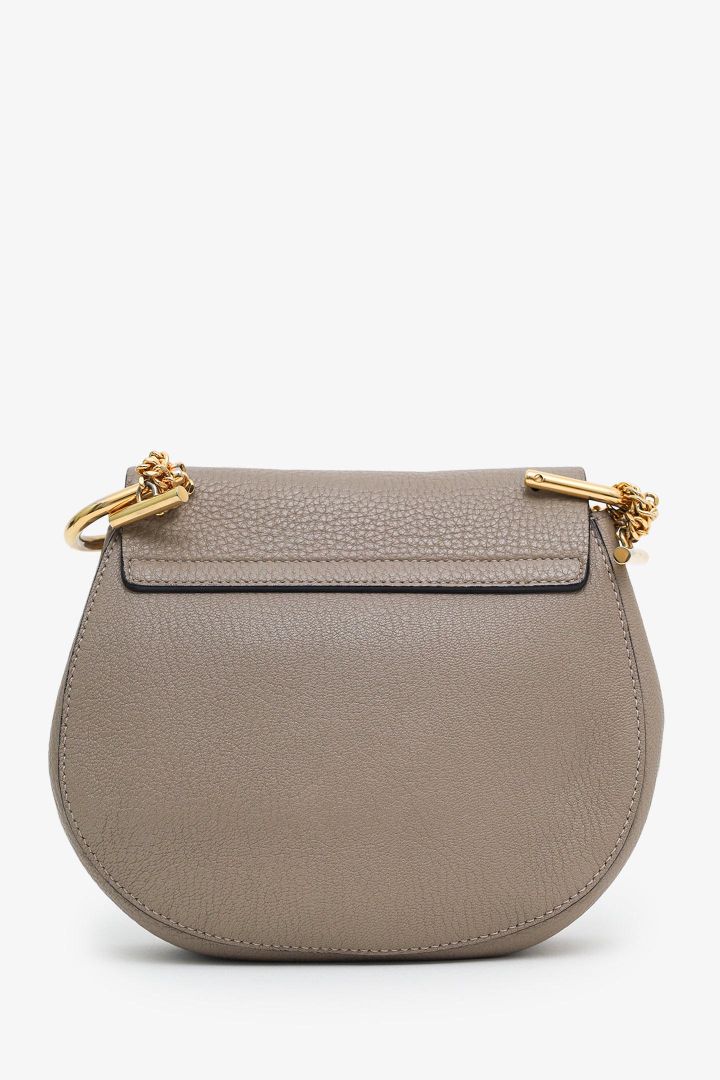 Chloe Taupe Grained Leather Shoulder Bag with Gold Chain Strap & logo on the clasp