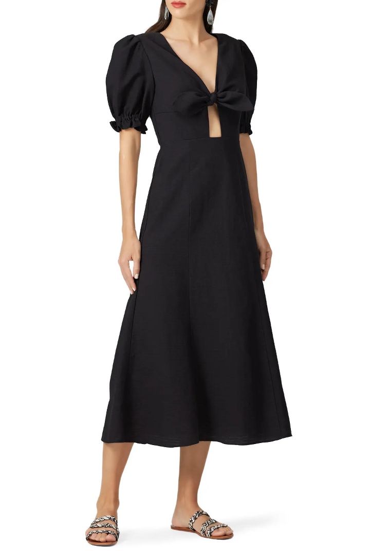 Keepsake Black Puff Sleeve Midi Dress with Front Cutout and Tie