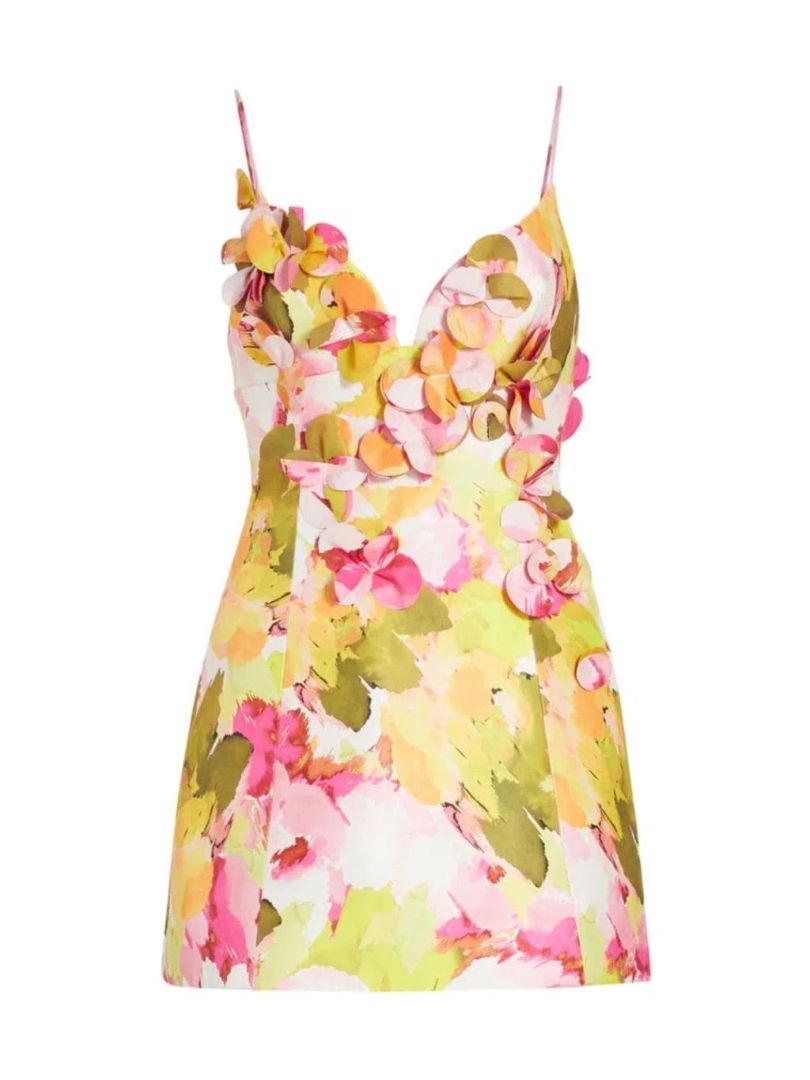 ACLER floral mini dress, yellow green white pink, 3D flower details