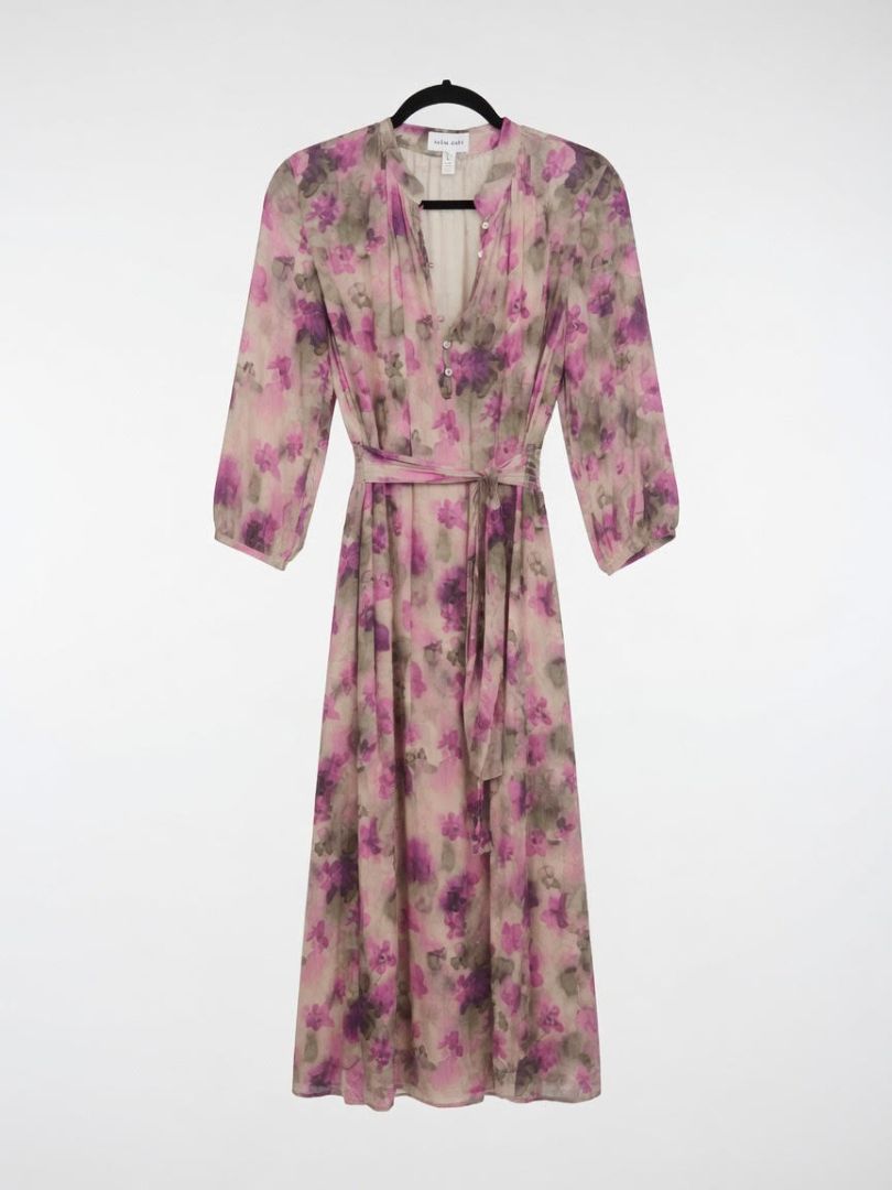BELLA DAHL purple beige green floral watercolour print long sleeve dress belted