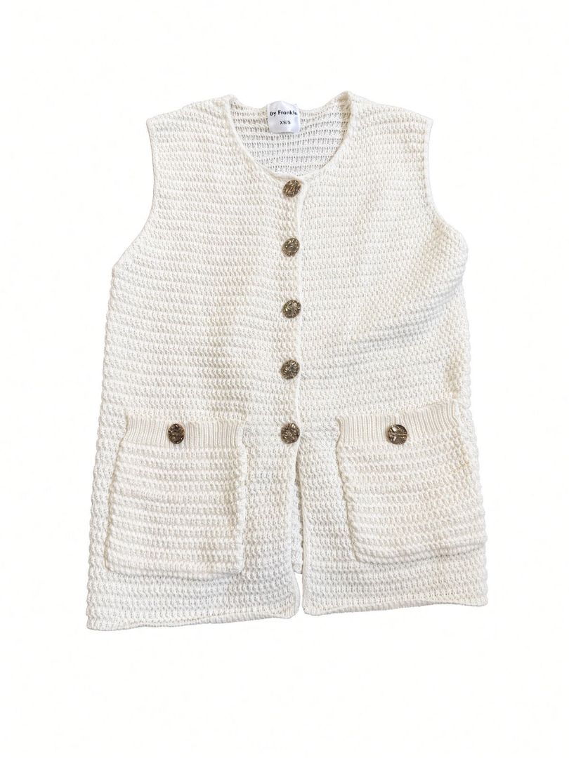 BY FRANKIE cream knit vest with gold buttons and pockets