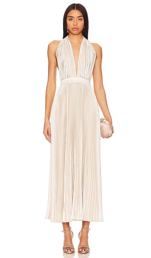 L'idee Champagne Pleated Halter Maxi Dress Grown