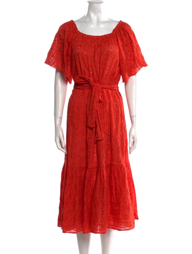 RHODE off shoulder burnt orange eyelet maxi dress w belt