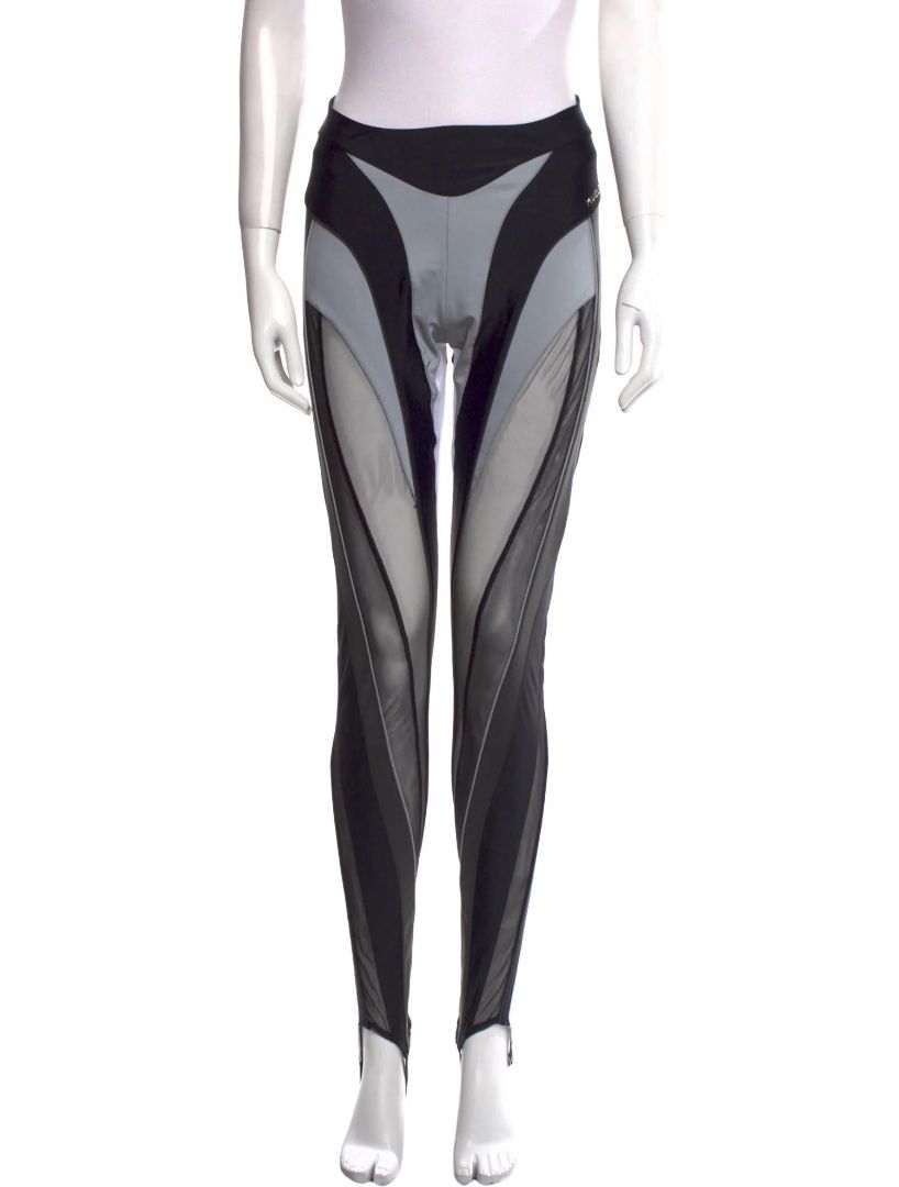 MUGLER black, grey, white mesh reflective stirrup leggings
