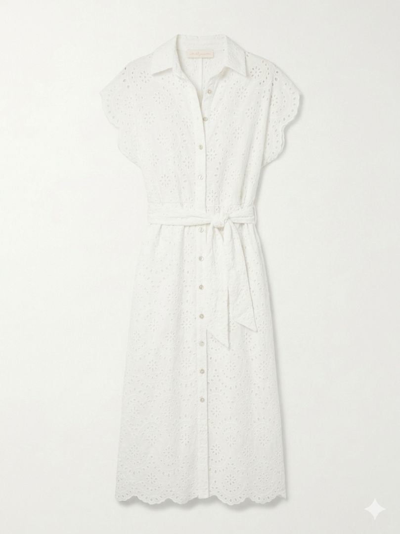 NATALIE MARTIN white eyelet dress with white slip, midi length button up tshirt style