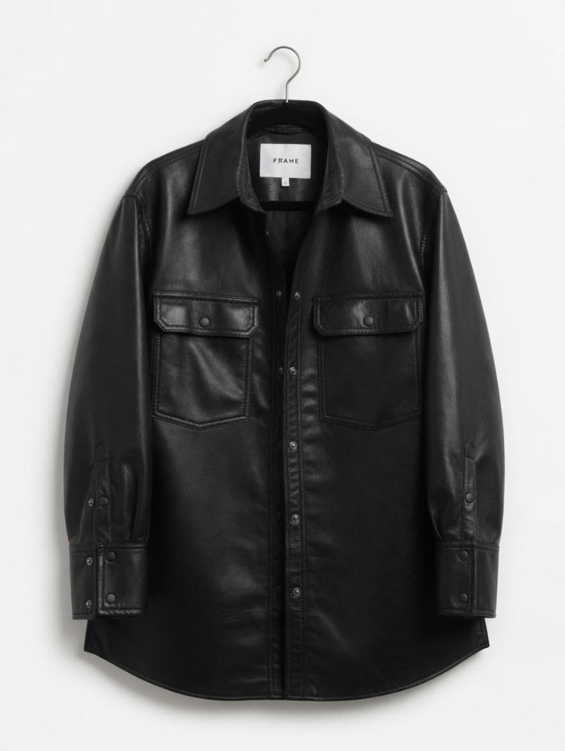 Frame Black Leather Button Up Shirt Jacket