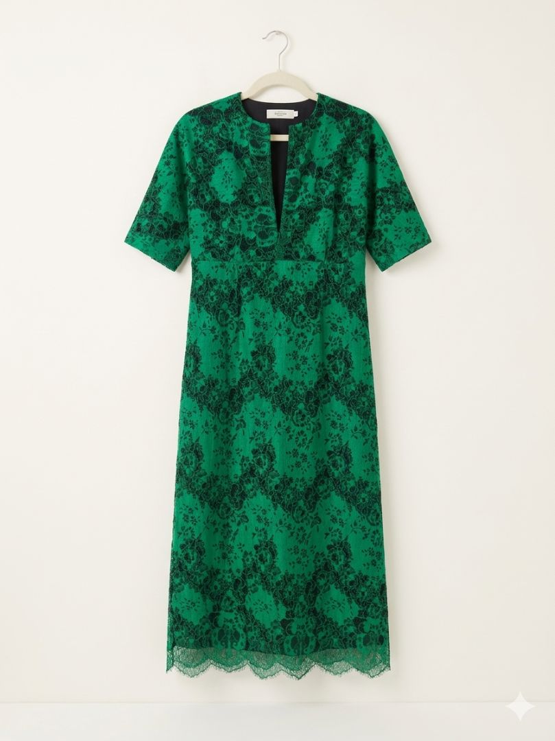 ROSEANNA PARIS green lace short sleeve midi dress with zip collar