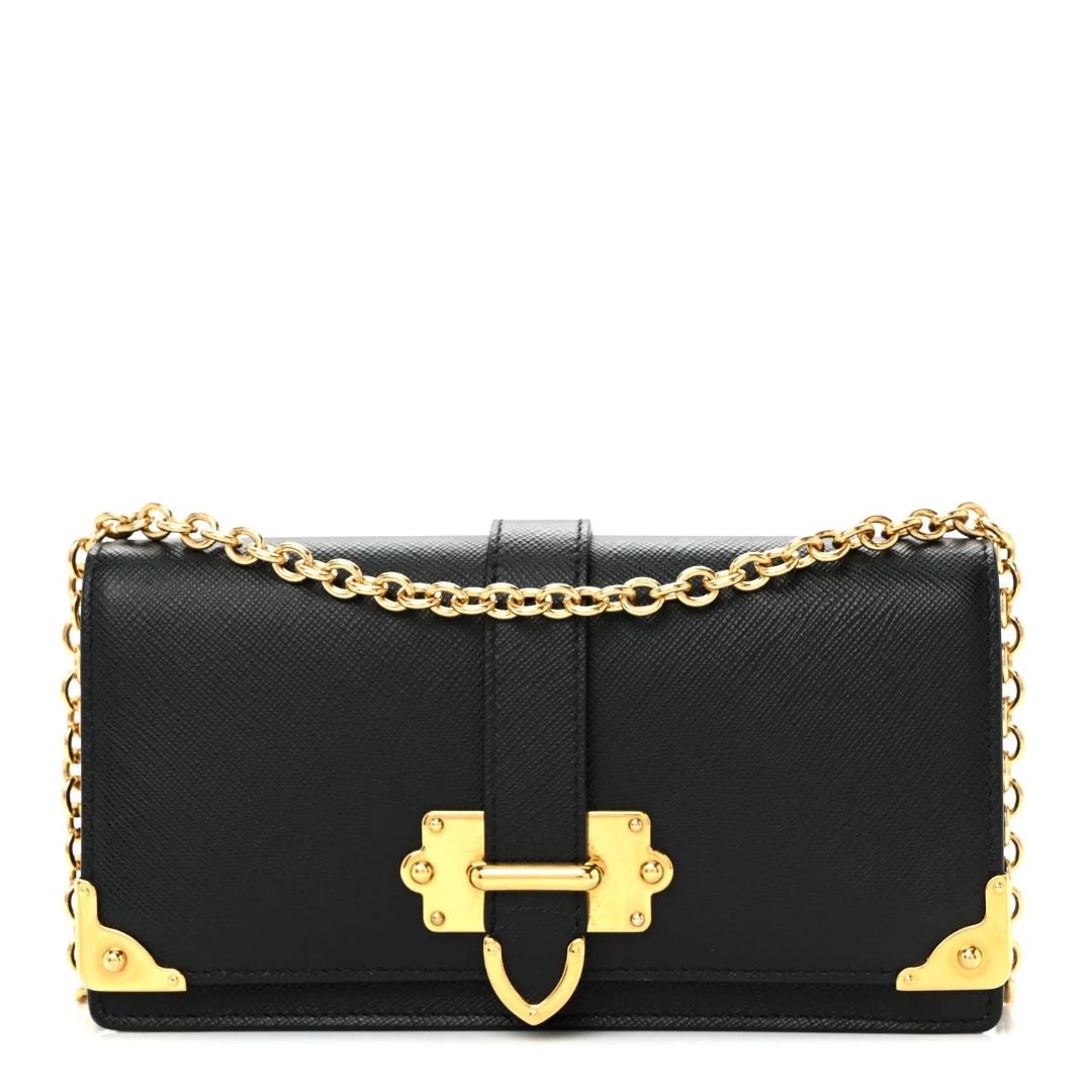 Prada Black Leather Chain Shoulder Bag with Gold Lock