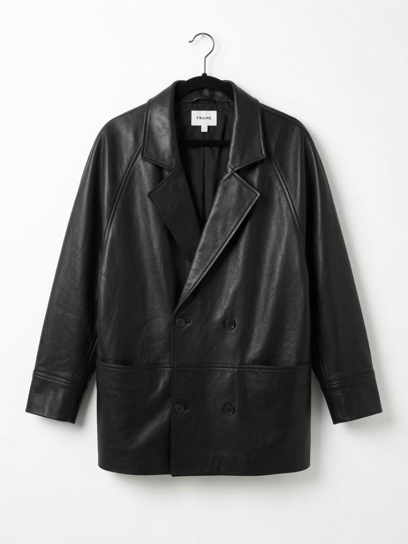 FRAME Black Leather Oversized Double-Breasted Leather Jacket