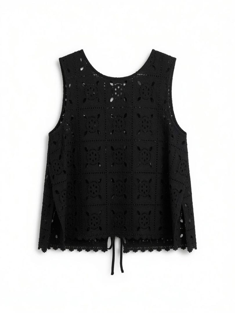 Miguelina Black Eyelet Lace Two Piece Set. Top and Wide Leg Pants