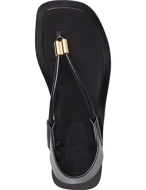 Khaite Black Leather Thong Sandals with Gold Hardware