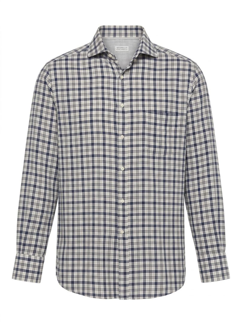 Brunello Cucinelli Navy and Grey Plaid Coton Button Down Shirt (men's)