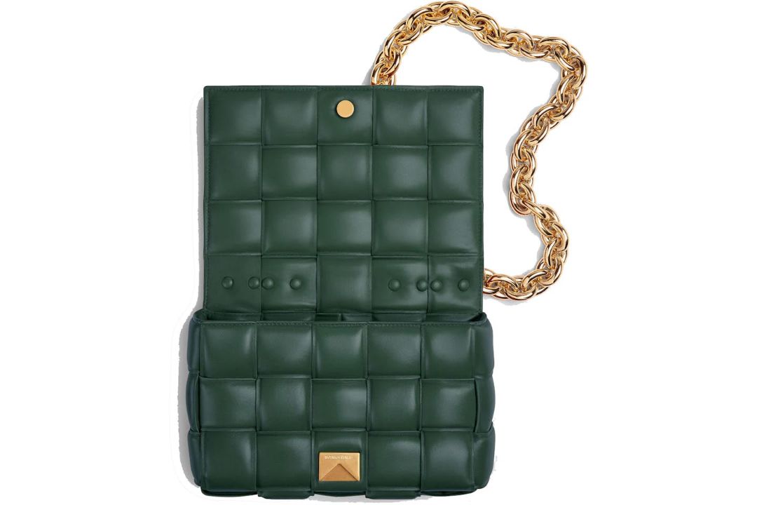 Bottega Veneta Green Woven Leather Padded Cassette Bag with Gold Chain Strap