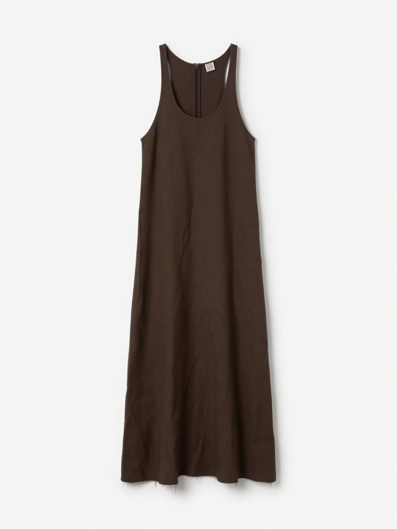 TOTEME brown pebellled/tulle textured long sleeveless dress, distressed trim