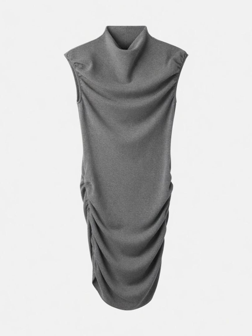 Geel Grey Ruched Mock Neck Sleeveless Mini Dress