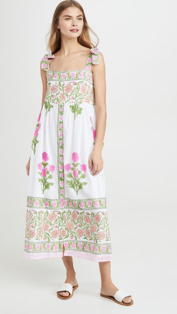 Juliet Dunn White Pink Green Floral Midi Dress with Tie Straps